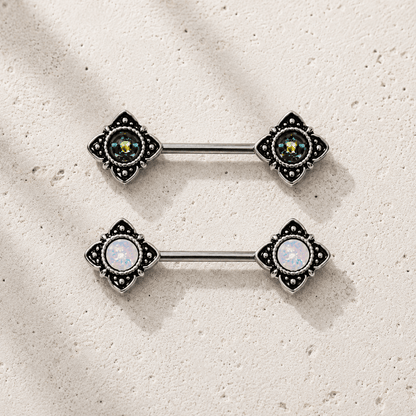Stainless Steel Mystical Flower Nipple Bar with Synthetic Opal - Skin Metals