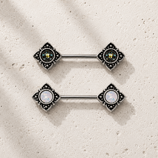 Stainless Steel Mystical Flower Nipple Bar with Synthetic Opal - Skin Metals