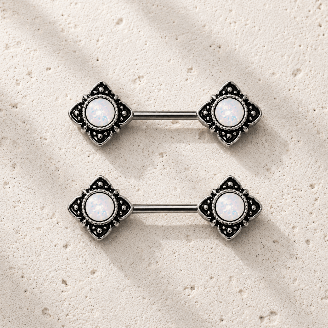 Stainless Steel Mystical Flower Nipple Bar with Synthetic Opal - Skin Metals