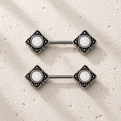 Stainless Steel Mystical Flower Nipple Bar with Synthetic Opal - Skin Metals