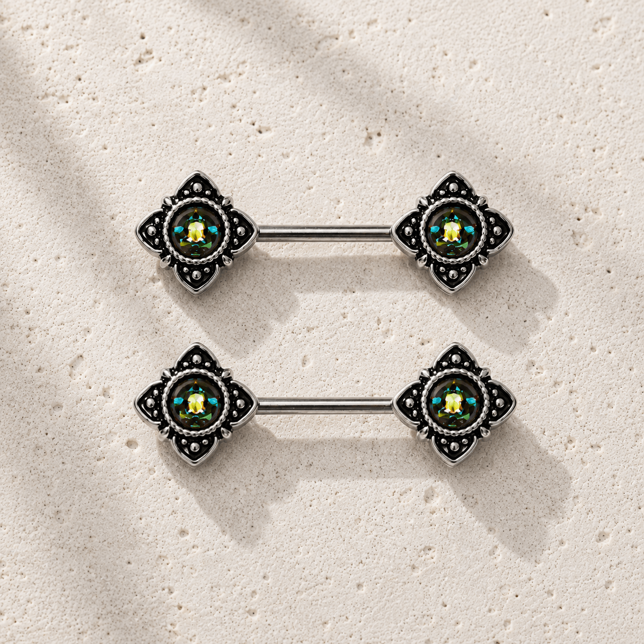 Stainless Steel Mystical Flower Nipple Bar with Synthetic Opal - Skin Metals