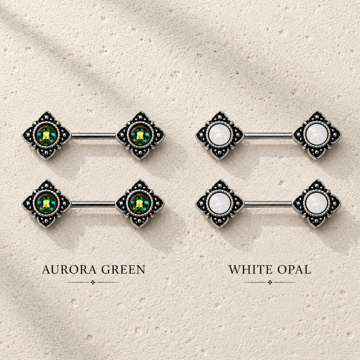 Stainless Steel Mystical Flower Nipple Bar with Synthetic Opal - Skin Metals