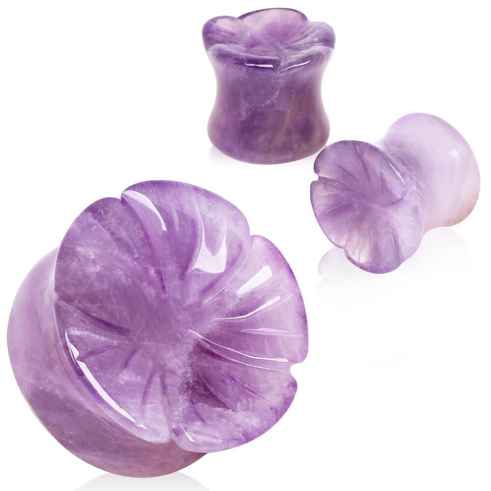 Natural Amethyst Flower Saddle Plug Plugs Impulse Piercings 2 gauge (6mm)