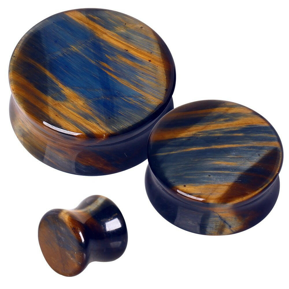 Natural Blue Tiger Eye Stone Saddle Plug Plugs Impulse Piercings 6 gauge (4mm)