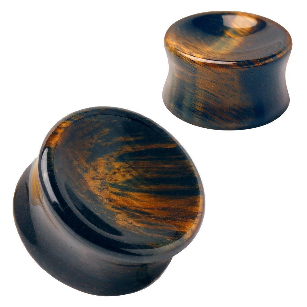 Natural Concave Blue Tiger Eye Stone Saddle Plug Plugs Impulse Piercings 2 gauge (6mm)