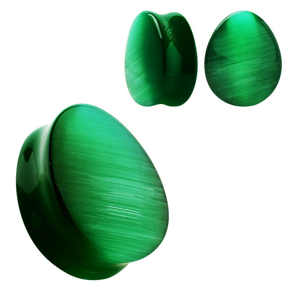 Natural Green Cat's Eye Double Flare Teardrop Plug Plugs Impulse Piercings 2 gauge (6mm)