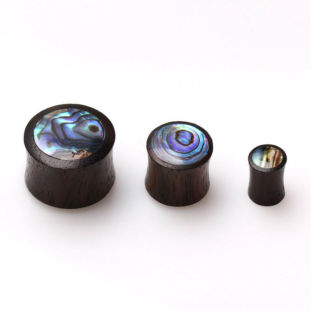 Natural Organic Sono Wood Saddle Plug Earrings with Abalone Inlay Plug Earrings Impulse Piercings