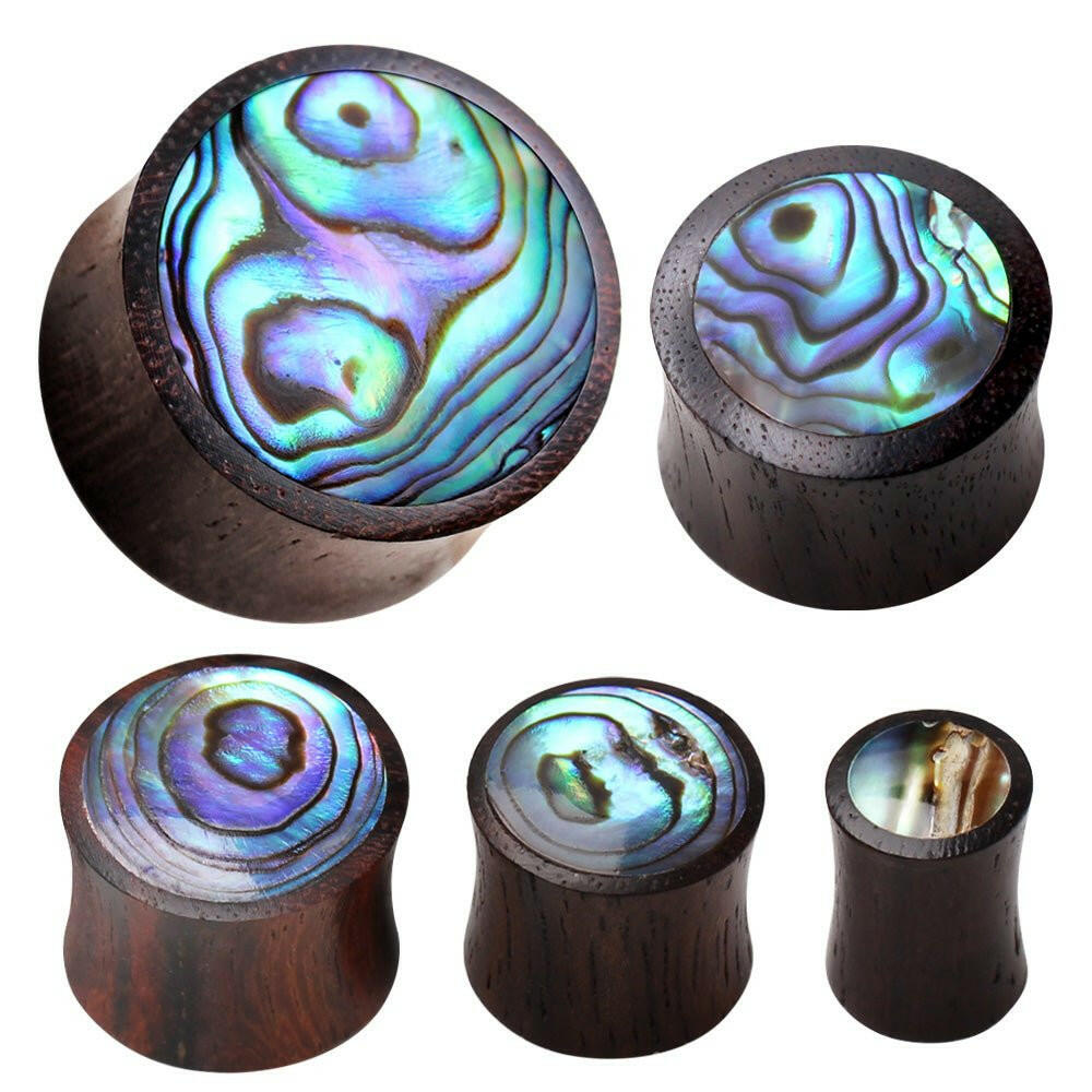 Natural Organic Sono Wood Saddle Plug Earrings with Abalone Inlay Plug Earrings Impulse Piercings