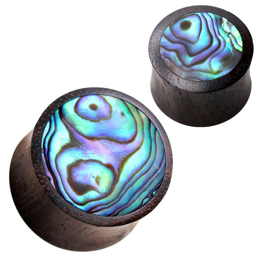 Natural Organic Sono Wood Saddle Plug Earrings with Abalone Inlay Plug Earrings Impulse Piercings 2GA