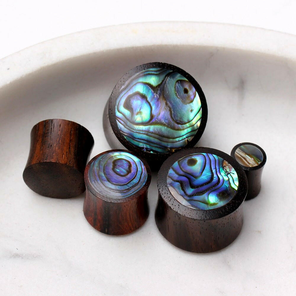 Natural Organic Sono Wood Saddle Plug Earrings with Abalone Inlay Plug Earrings Impulse Piercings