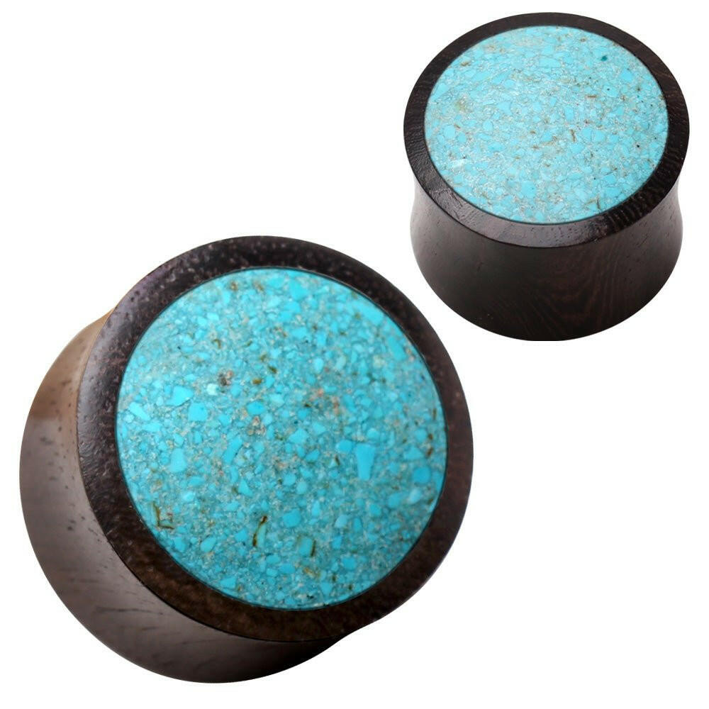 Natural Organic Sono Wood Saddle Plug with Turquoise Crush Inlay Plugs Impulse Piercings 2GA