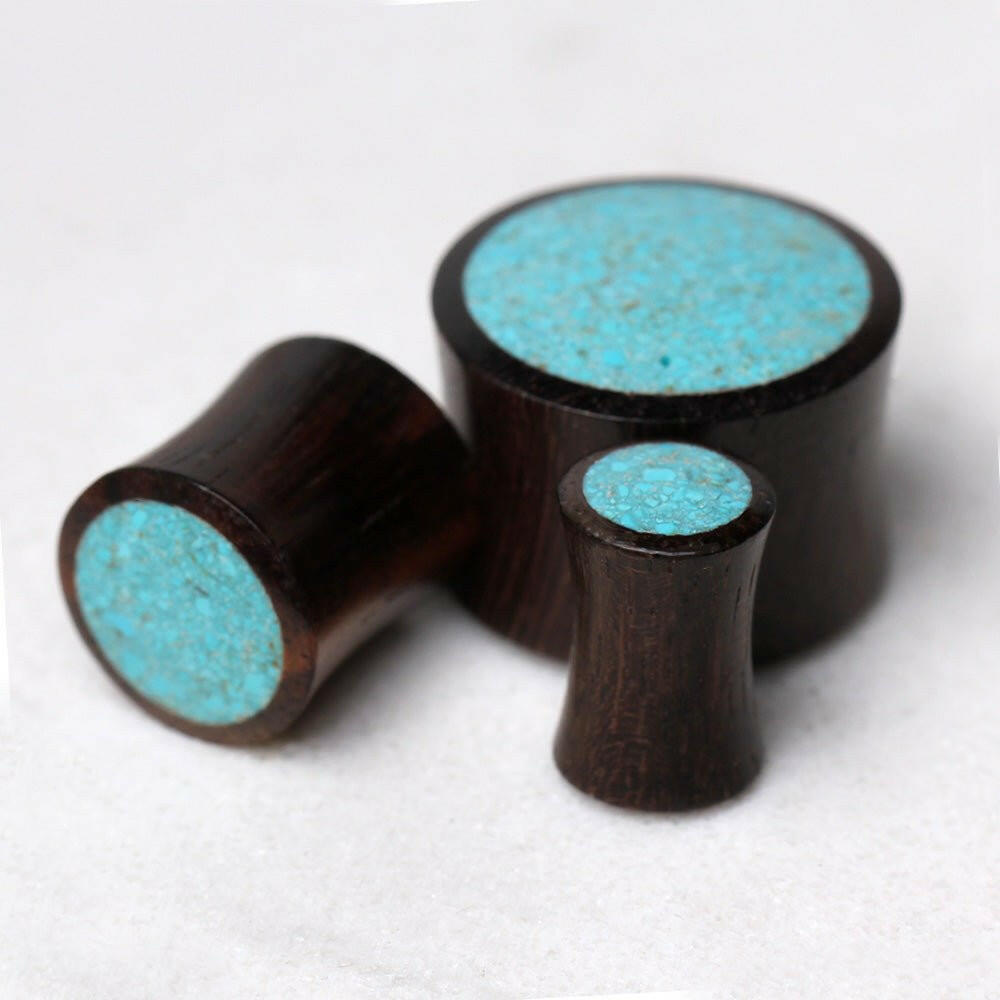 Natural Organic Sono Wood Saddle Plug with Turquoise Crush Inlay Plugs Impulse Piercings