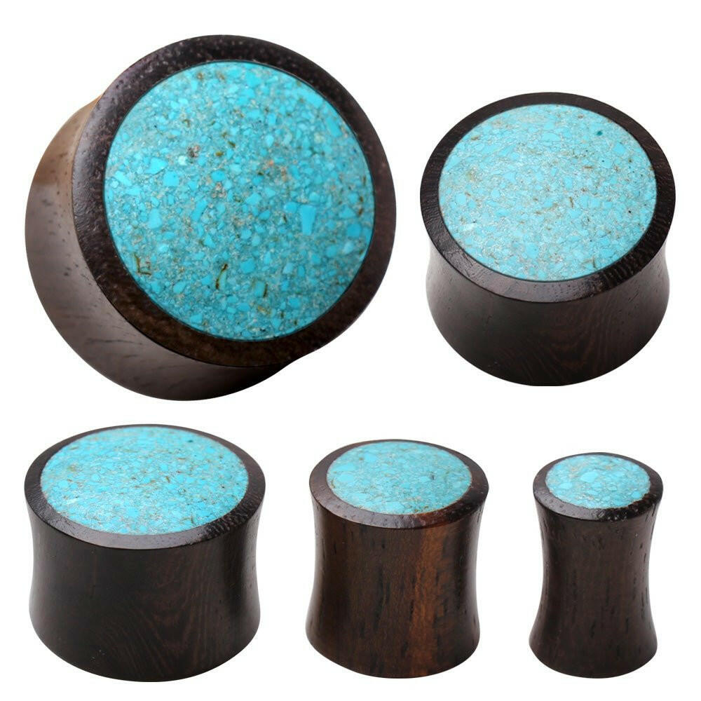 Natural Organic Sono Wood Saddle Plug with Turquoise Crush Inlay Plugs Impulse Piercings