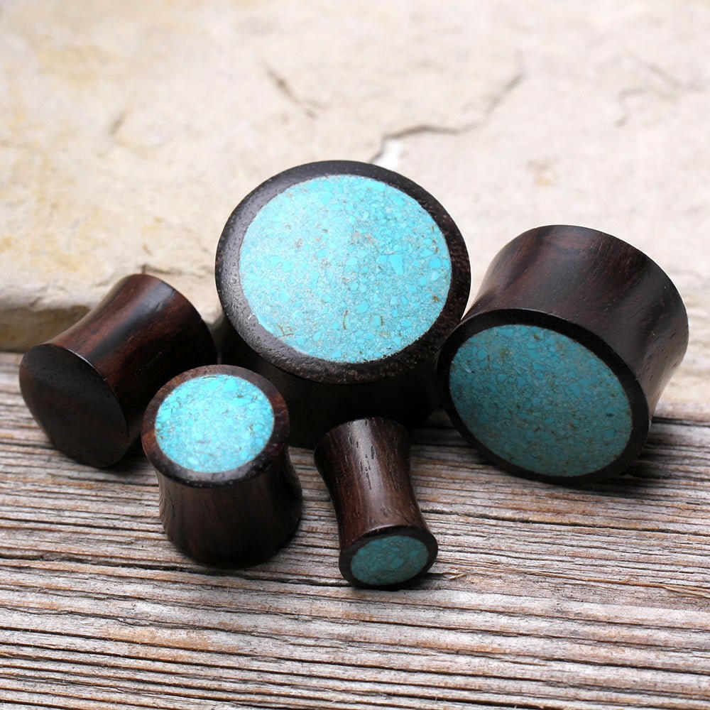 Natural Organic Sono Wood Saddle Plug with Turquoise Crush Inlay Plugs Impulse Piercings