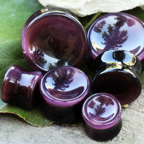 Natural Purple Cat's Eye Concave Stone Saddle Plug Plugs Impulse Piercings