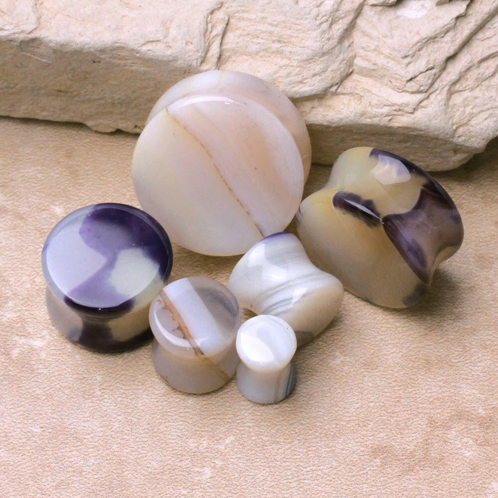 Natural Purple & White Agate Saddle Plug Earrings Plug Earrings Impulse Piercings