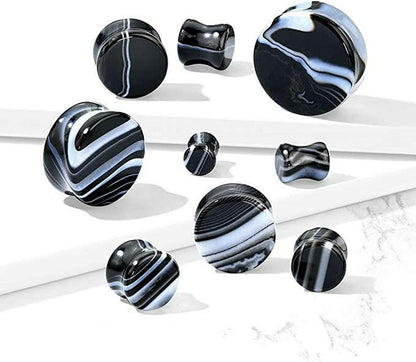 Natural Stone Black and White Agate Double Flared Plugs Plugs Impulse Piercings