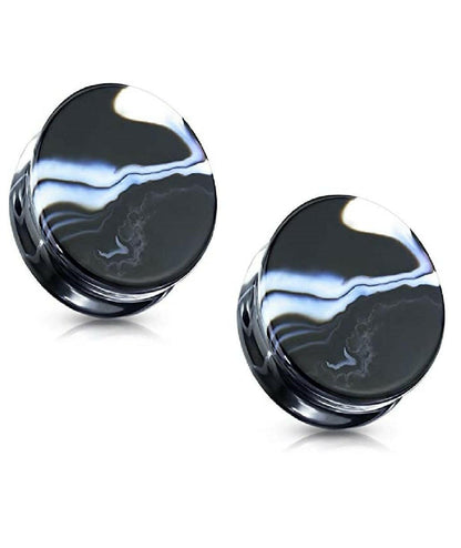 Natural Stone Black and White Agate Double Flared Plugs Plugs Impulse Piercings 2GA (6mm)