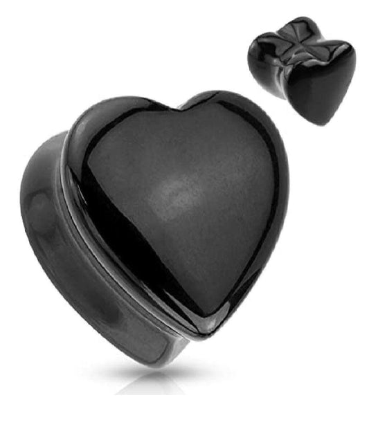 Natural Stone Heart Shaped Black Onyx Saddle Plugs Plugs Impulse Piercings 2GA (6mm)