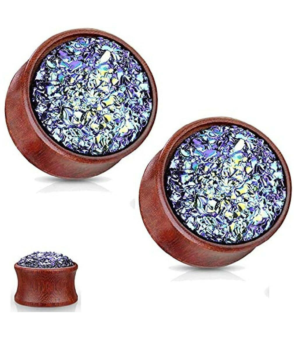 Natural Wood Blue Druzy Stone Double Flared Plugs Plugs Impulse Piercings 2GA (6mm)