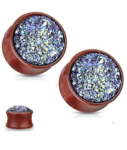 Natural Wood Blue Druzy Stone Double Flared Plugs Plugs Impulse Piercings 2GA (6mm)