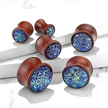 Natural Wood Blue Druzy Stone Double Flared Plugs Plugs Impulse Piercings