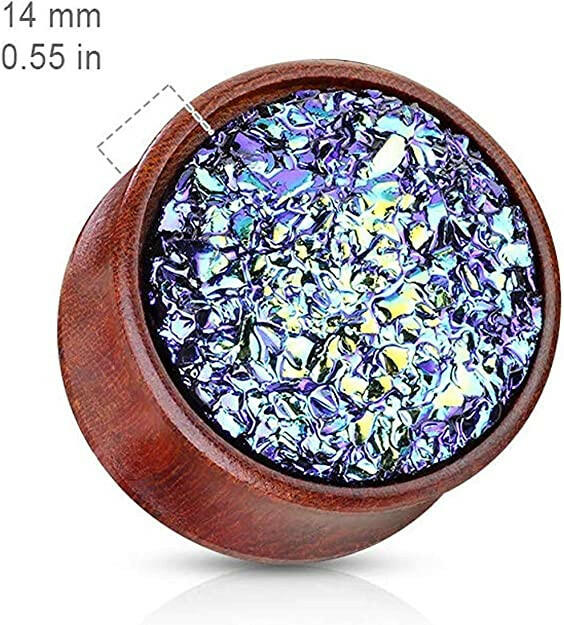 Natural Wood Blue Druzy Stone Double Flared Plugs Plugs Impulse Piercings