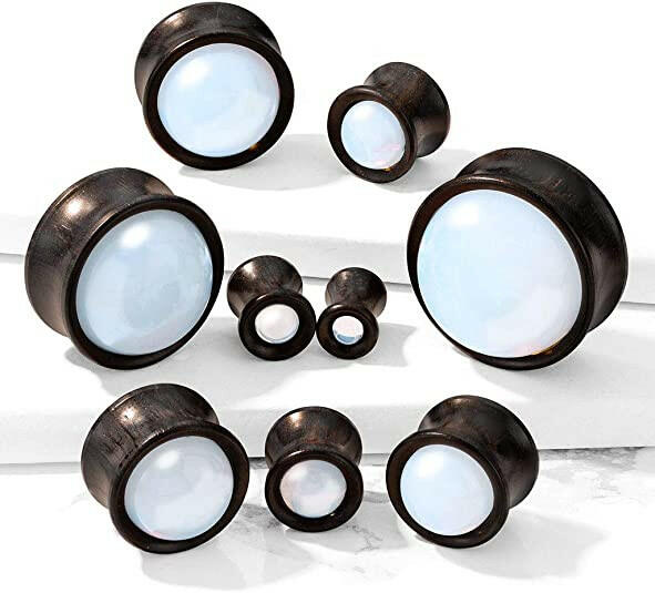 Natural Wood Opalite Stone Front Ebony Wood Double Flared Saddle Plugs Plugs Impulse Piercings