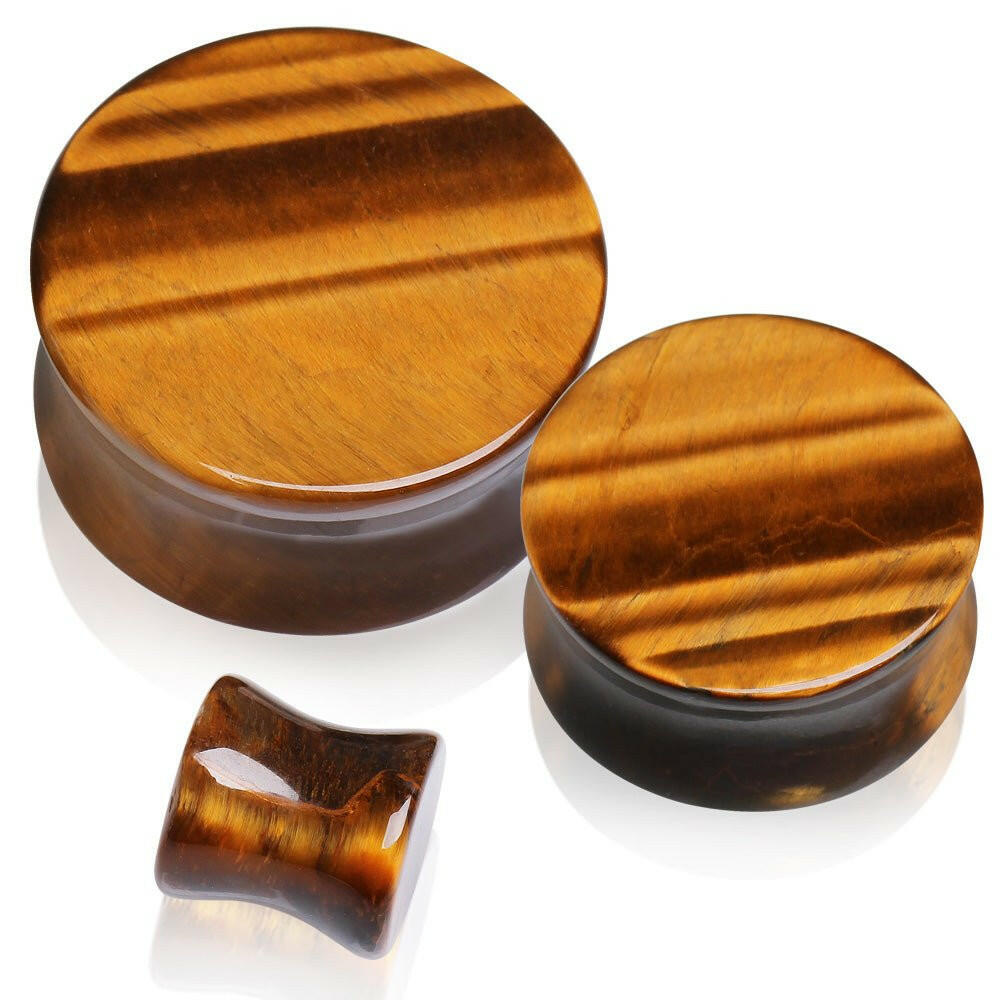 Natural Yellow Tiger Eye Semi Precious Stone Saddle Plug Plugs Impulse Piercings 8 gauge (3mm)