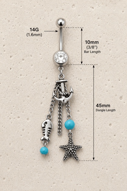 Nautical Beach Charms Dangle Navel Ring 14G Starfish Anchor