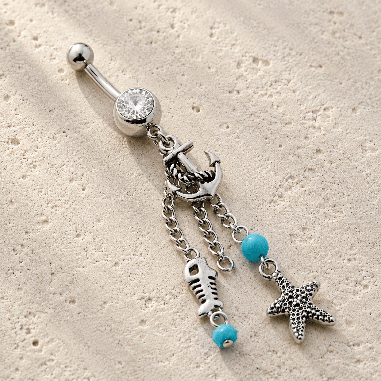 Nautical Beach Charms Dangle Navel Ring 14G Starfish Anchor