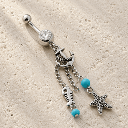 Nautical Beach Charms Dangle Navel Ring 14G Starfish Anchor