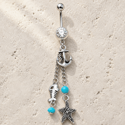 Nautical Beach Charms Dangle Navel Ring 14G Starfish Anchor