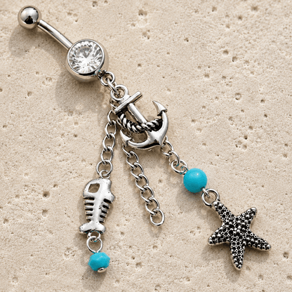 Nautical Beach Charms Dangle Navel Ring 14G Starfish Anchor