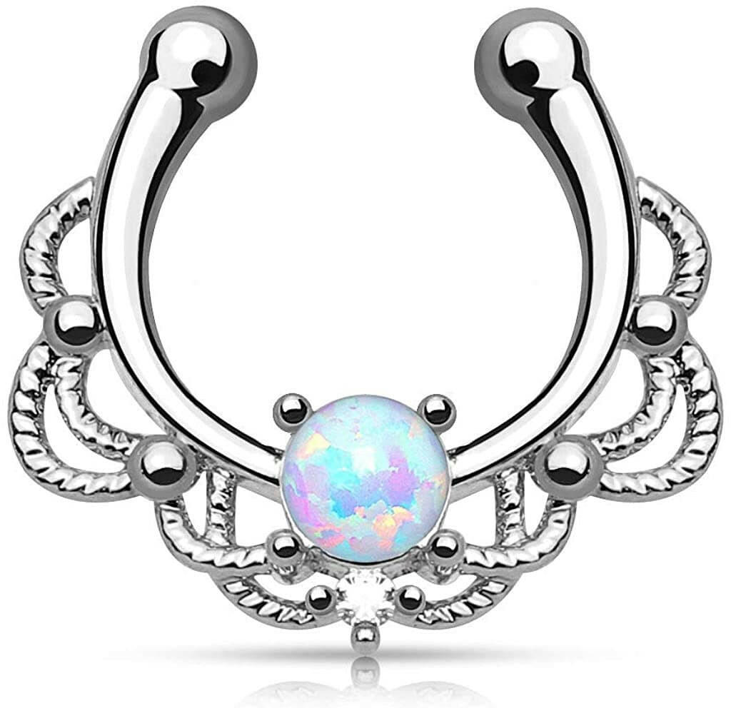 Non Piercing Lacey Single Opal Septum Hanger Fake Septum Ring Impulse Piercings Opal Blue