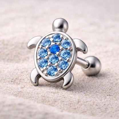 Ocean blue turtle cartilage earring 16G, blue CZ shell 316L stainless steel tragus jewelry