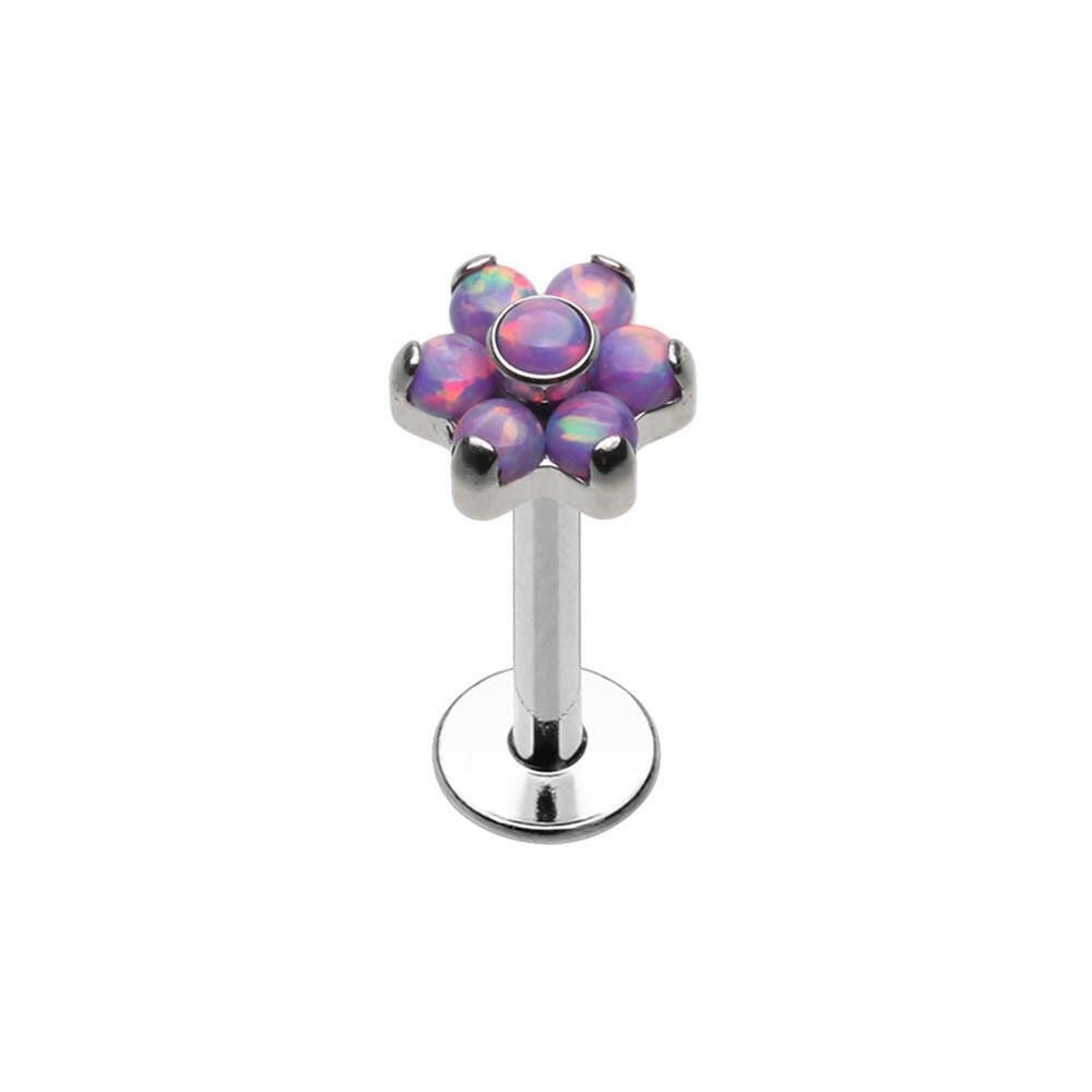 Opal Flower Top Steel Internally Threaded Labret Labret Impulse Piercings Purple