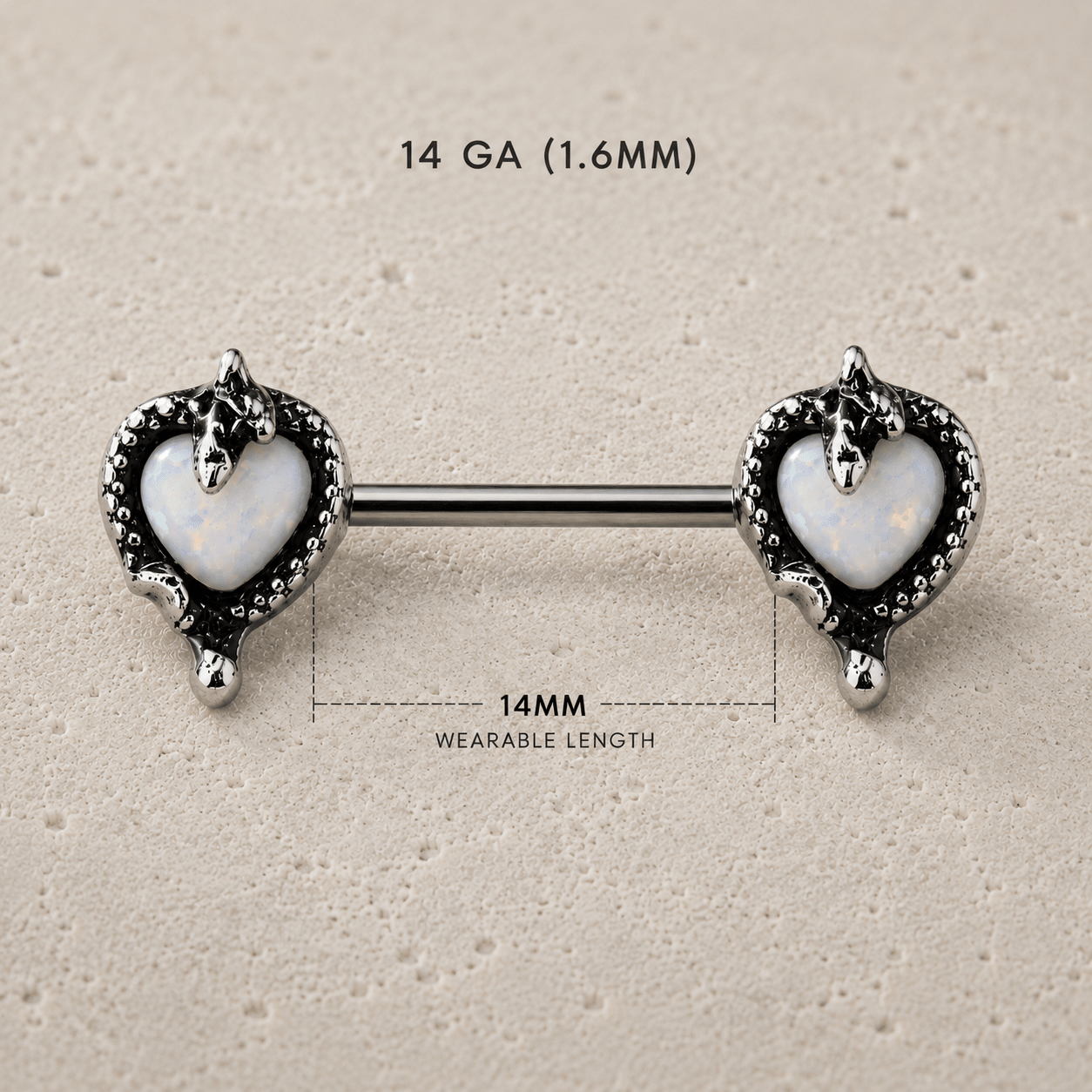 Opal Heart Snake Nipple Bar 14G Pair 316L Steel