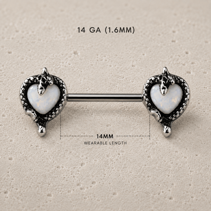 Opal Heart Snake Nipple Bar 14G Pair 316L Steel