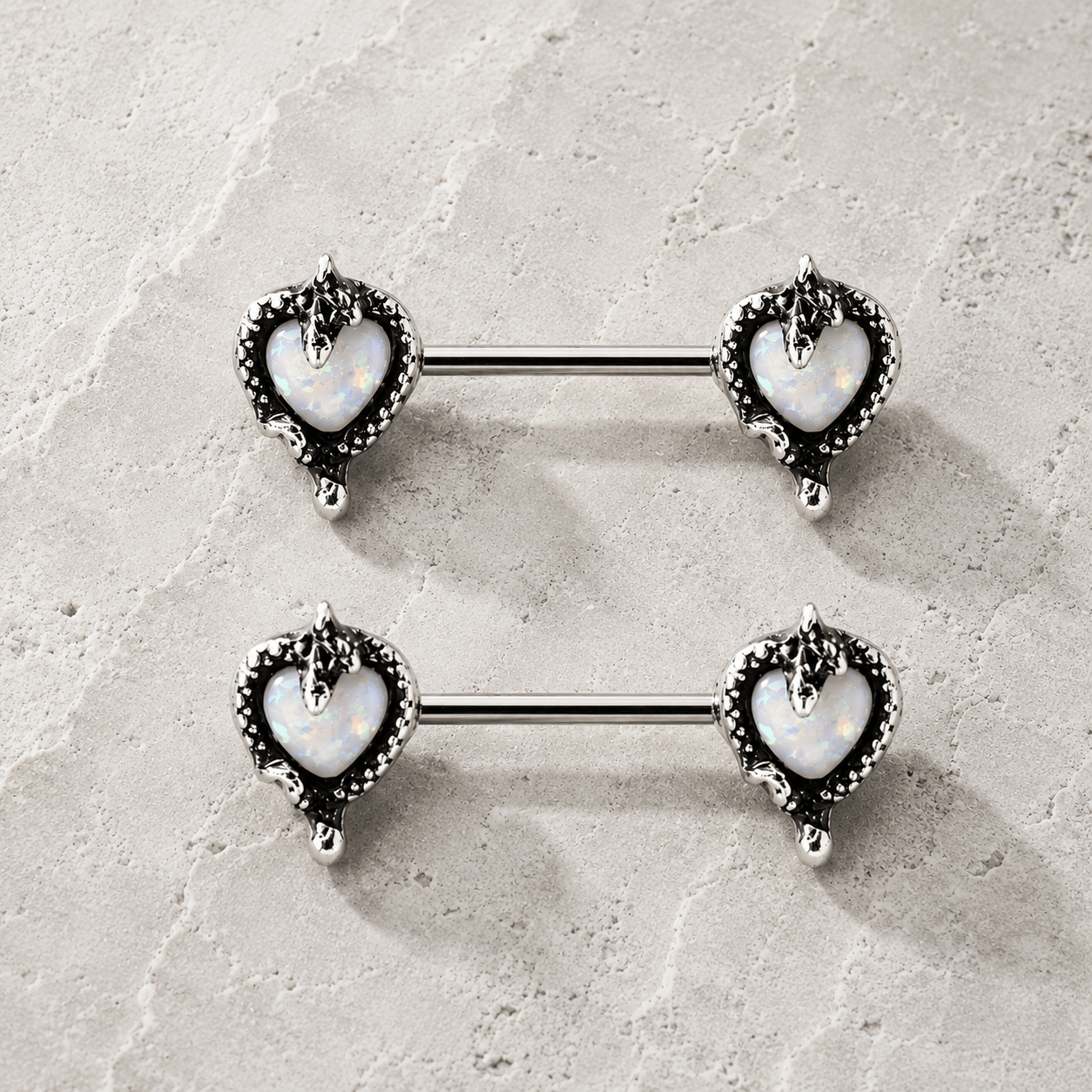 Opal Heart Snake Nipple Bar 14G Pair 316L Steel