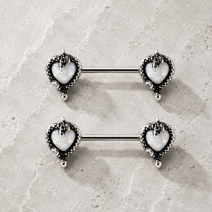 Opal Heart Snake Nipple Bar 14G Pair 316L Steel