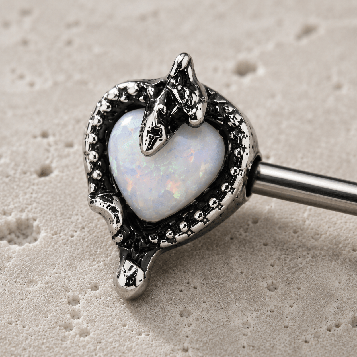 Opal Heart Snake Nipple Bar 14G Pair 316L Steel