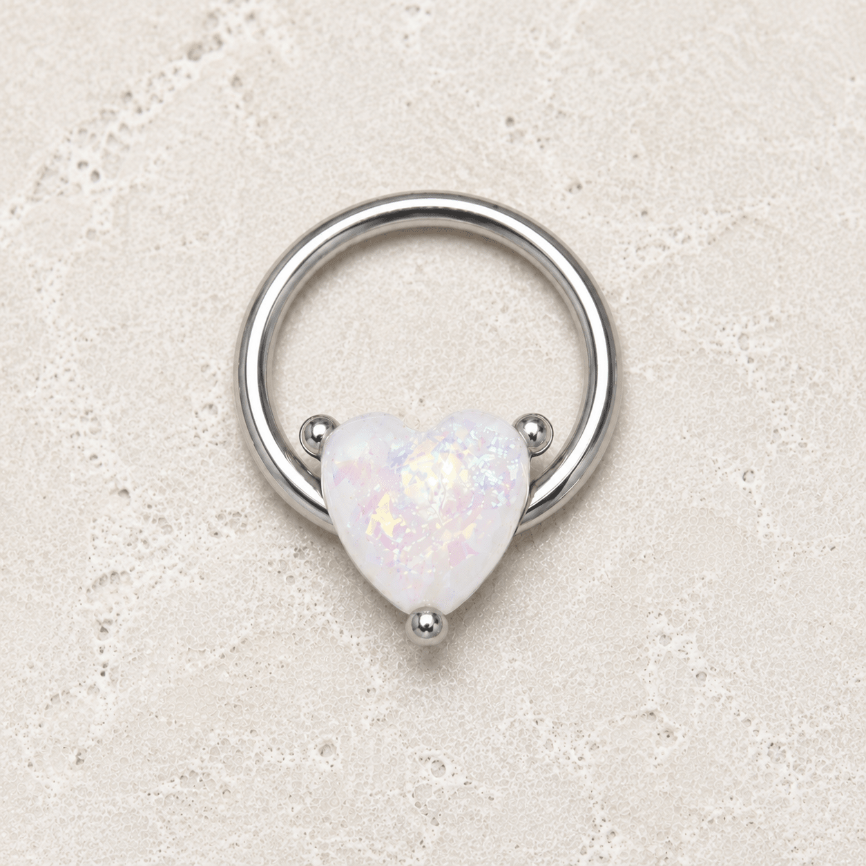 Opal heart snap-in captive bead ring 16G, heart shaped synthetic opal 316L stainless steel