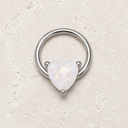 Opal heart snap-in captive bead ring 16G, heart shaped synthetic opal 316L stainless steel