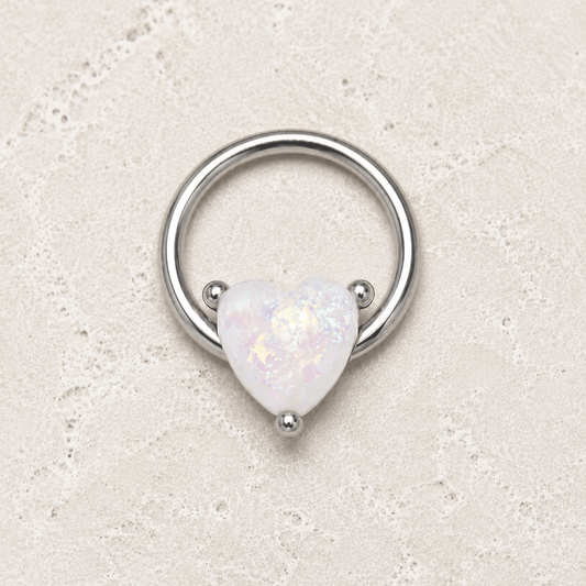 Opal heart snap-in captive bead ring 16G, heart shaped synthetic opal 316L stainless steel
