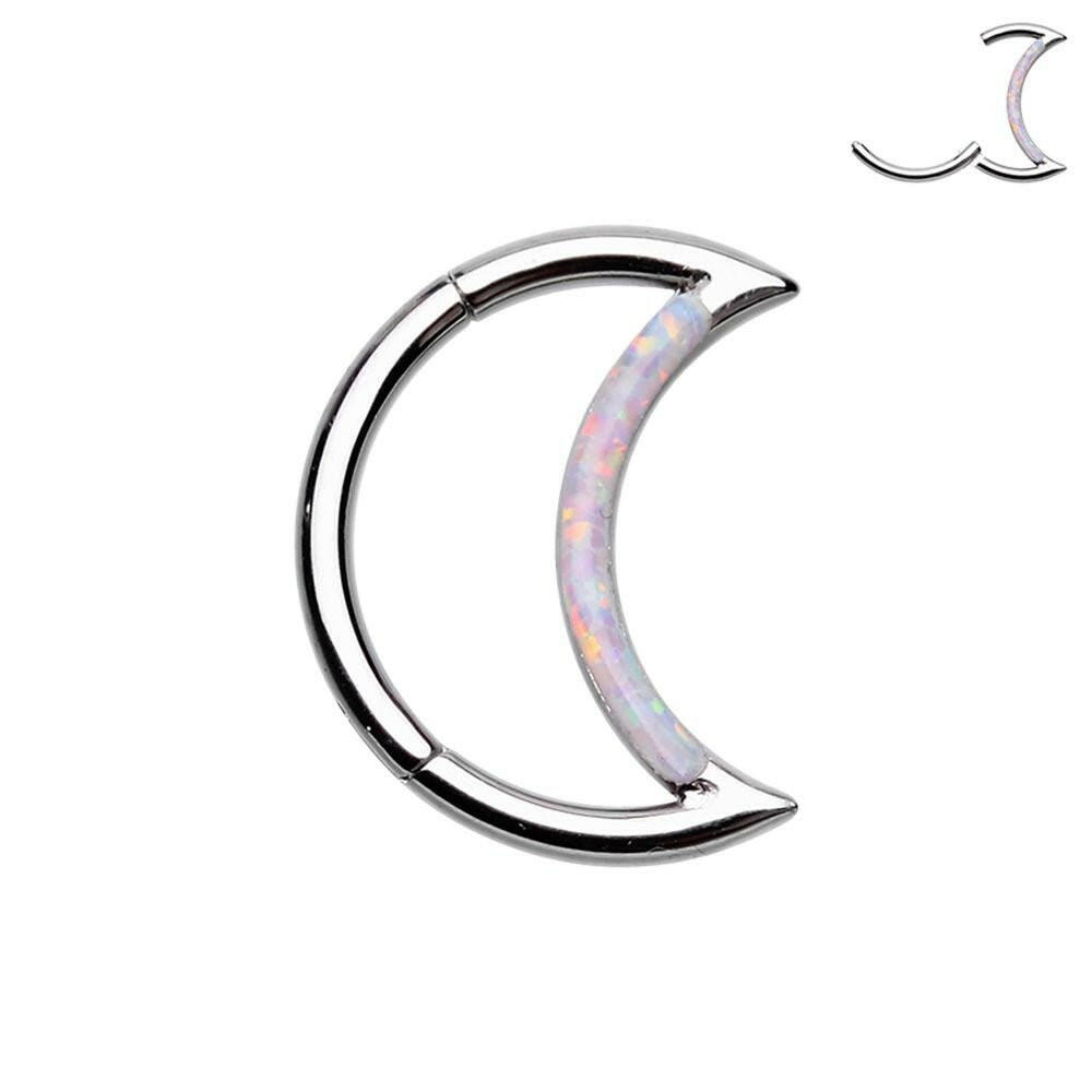 Opal Inlay Moon Shape Steel Seamless Hinged Clicker Ring Captive Bead Impulse Piercings 5/16" (8mm)