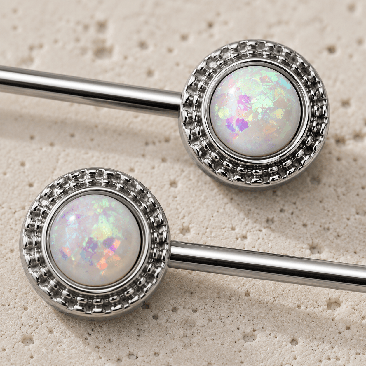 Opal Nipple Barbell Set Stainless Steel 14G Pair