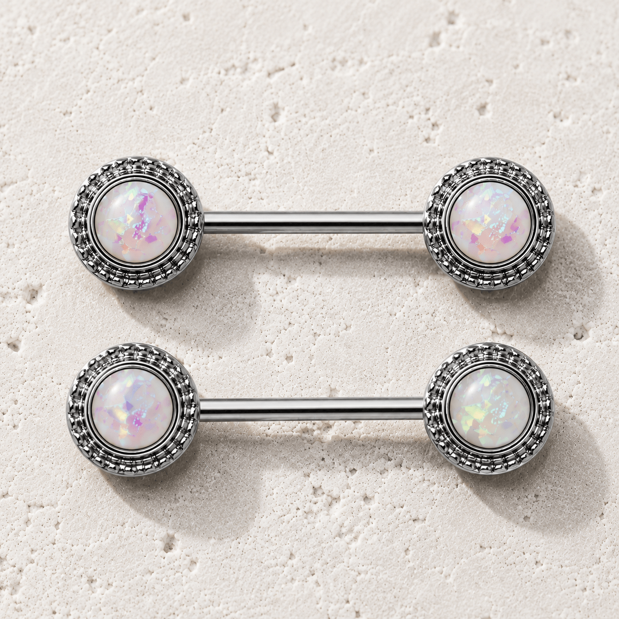 Opal Nipple Barbell Set Stainless Steel 14G Pair