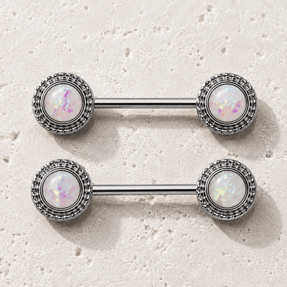 Opal Nipple Barbell Set Stainless Steel 14G Pair