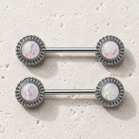 Opal Nipple Barbell Set Stainless Steel 14G Pair - Skin Metals